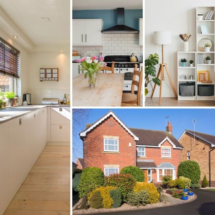 A collage of images. They are: a front external of a detached UK house; kitchen with a dining table; a room with shelves and decorations.